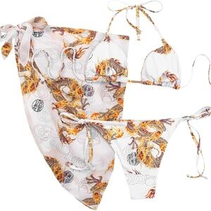 3 Piece Tie-Up Halter Triangle Bikini Set with Skirt Dragon Design in White